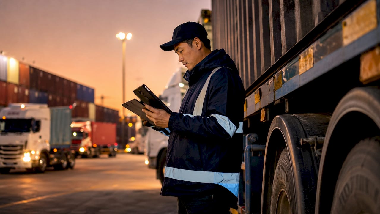 Logistics operator checking device at port night gate