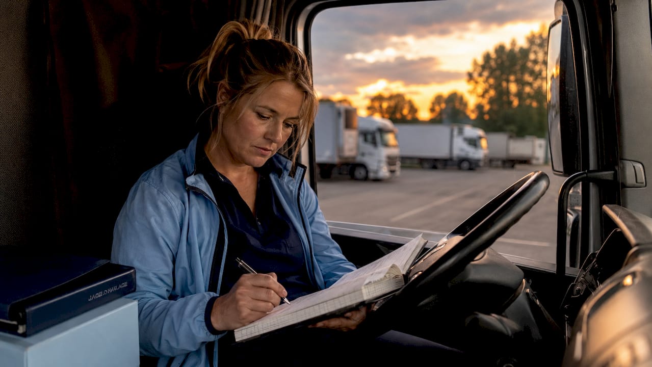 Truck driver reviewing work hours logbook