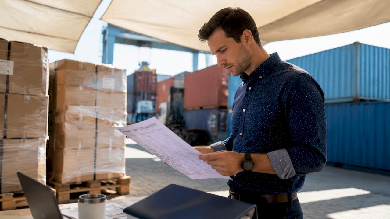 Logistics coordinator examining shipping documents