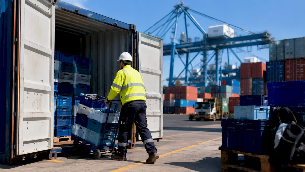 Dock worker loading a shipping container