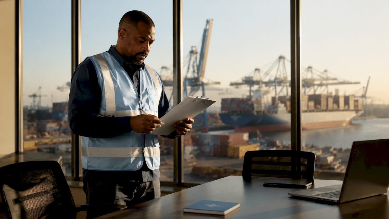 Logistics manager at shipping warehouse dock
