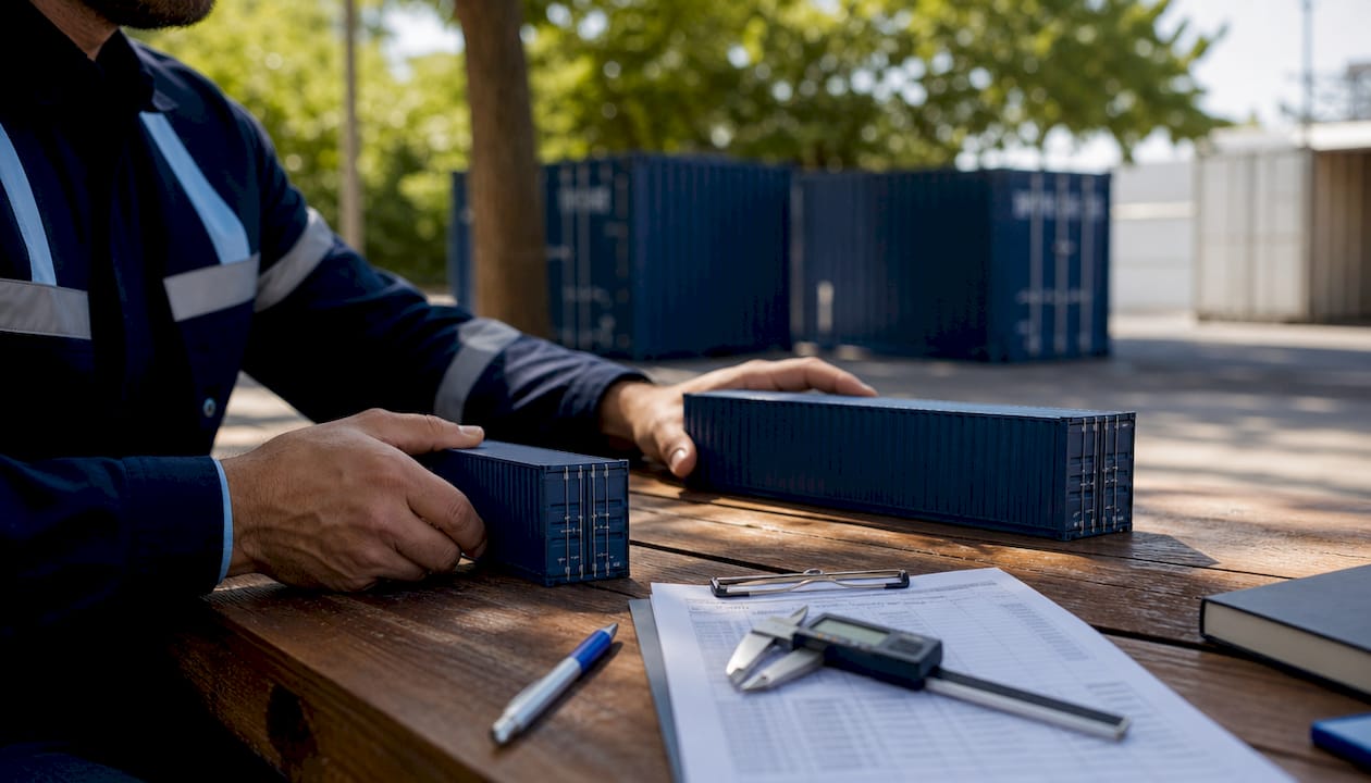 Hands comparing 20ft and 40ft container models