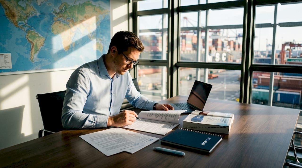 Logistics specialist reviewing shipping container standards