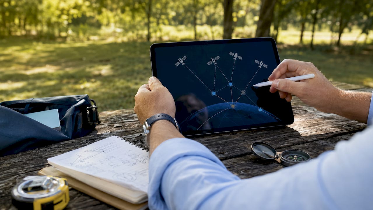 Hands holding tablet with satellite diagram on desk