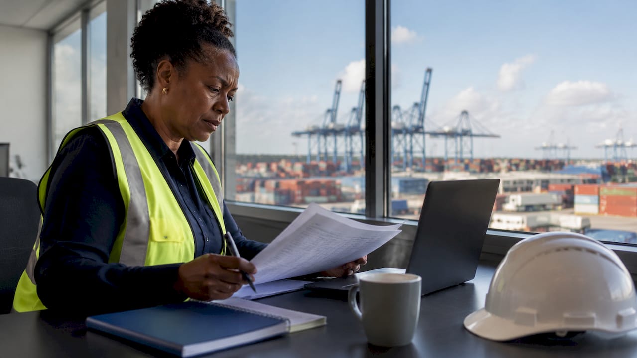 Logistics coordinator checking container delivery paperwork