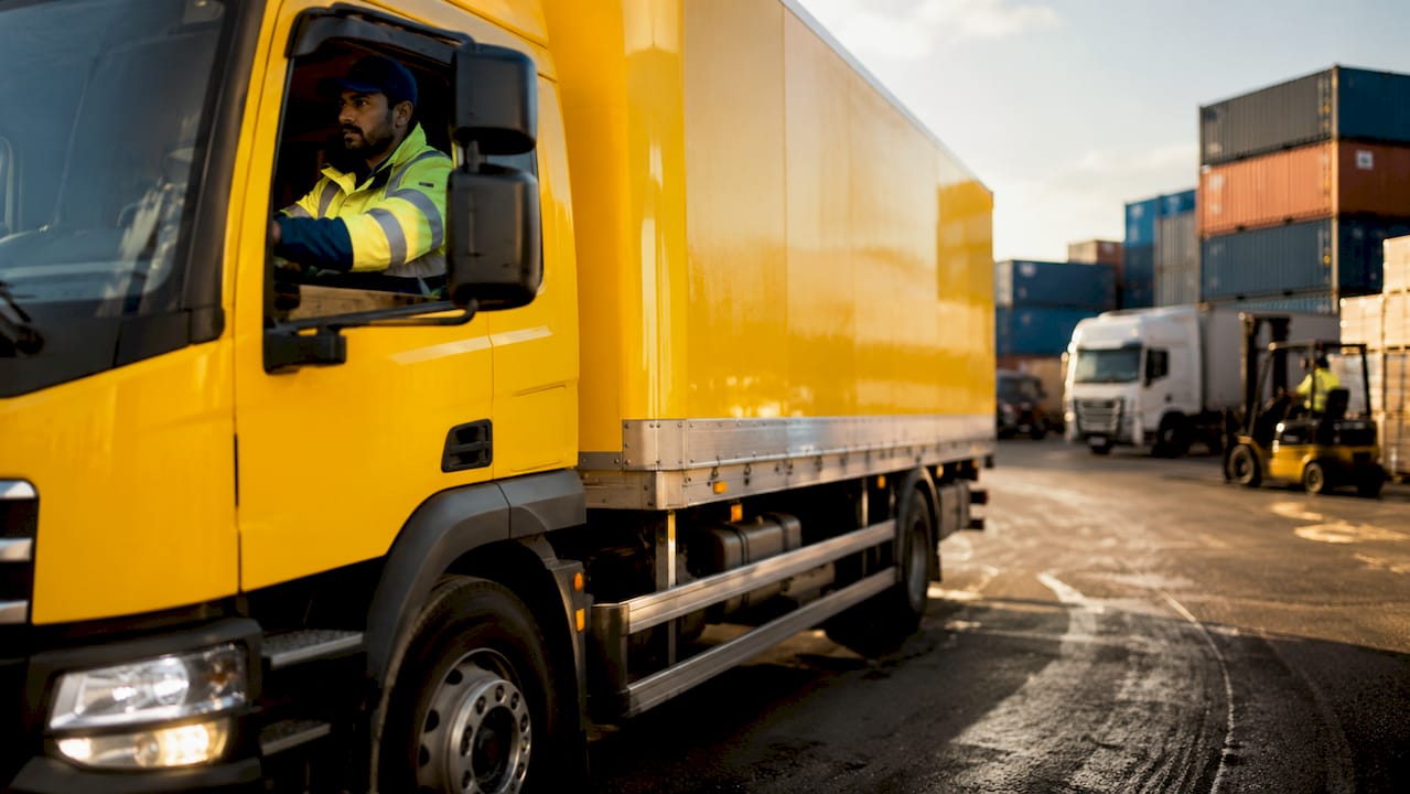 Same-day container delivery truck departing logistics yard