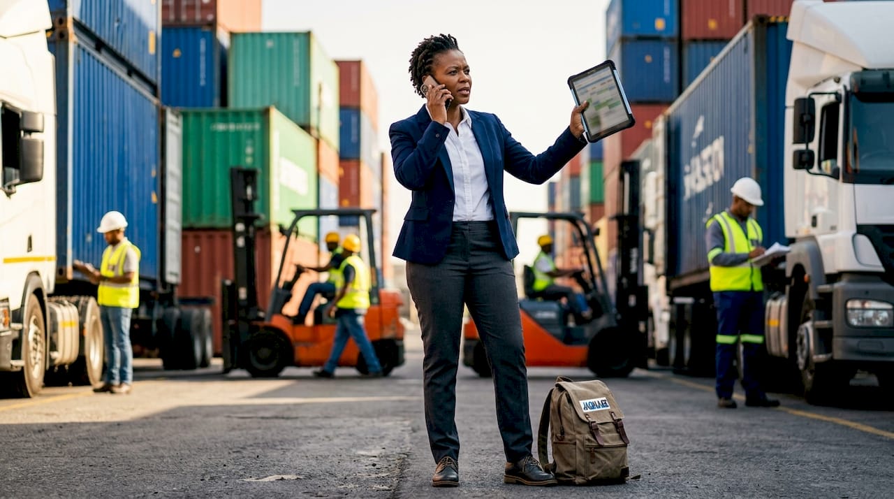 Logistics manager coordinating haulage bookings in warehouse office