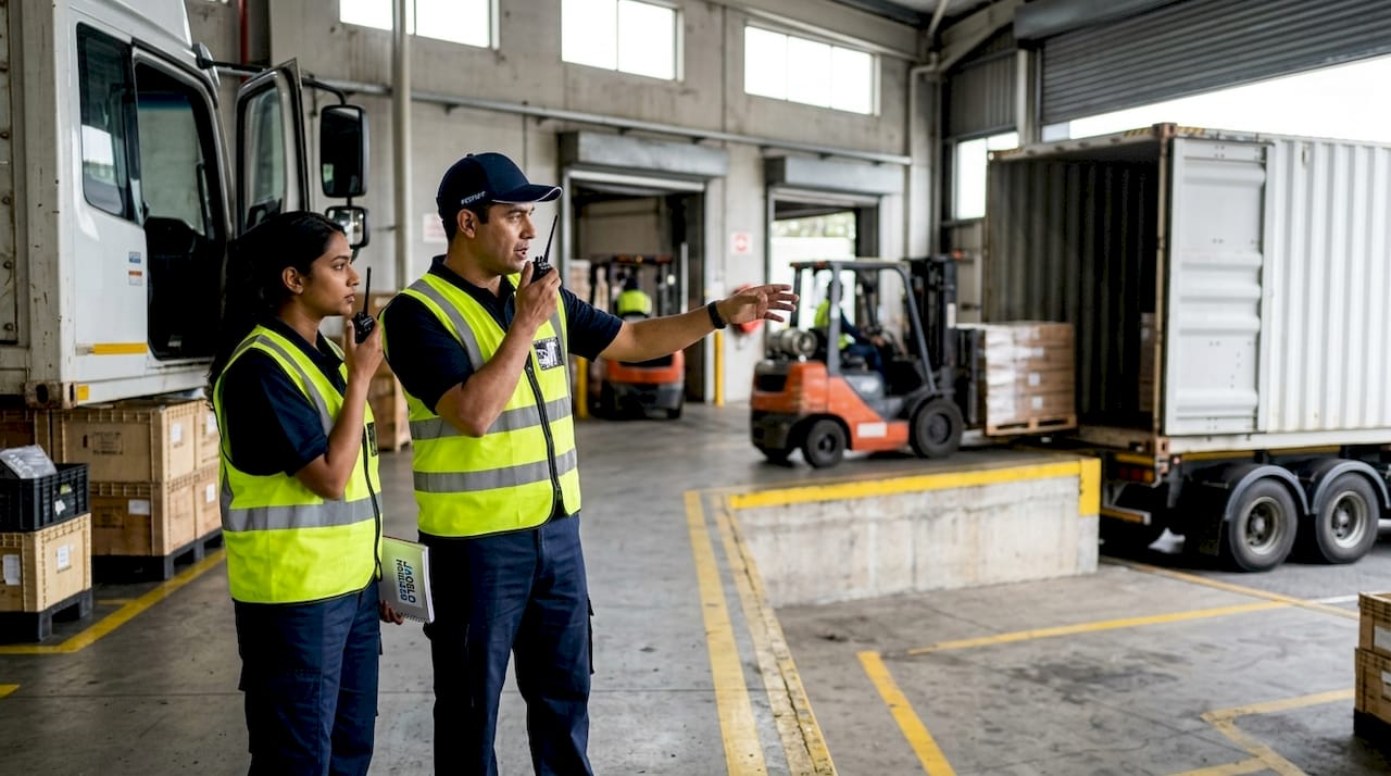 Warehouse workers coordinating loading at dock doors