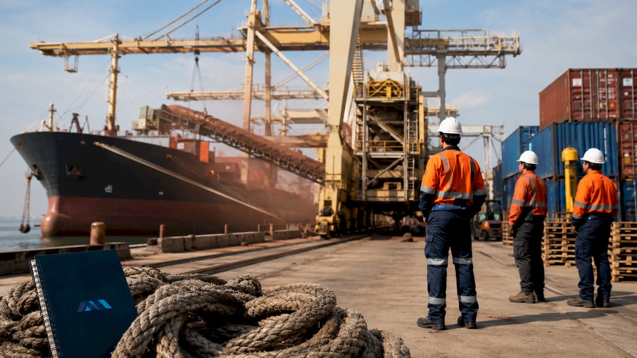 Bulk cargo ship unloading iron ore at port