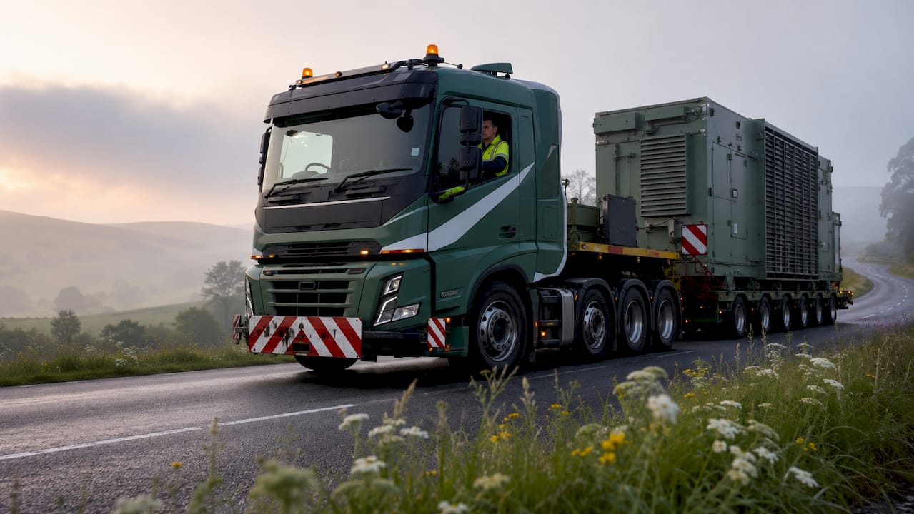 UK abnormal load haulage truck on highway