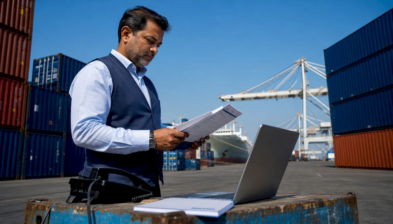 Logistics manager reviewing shipment plans at desk
