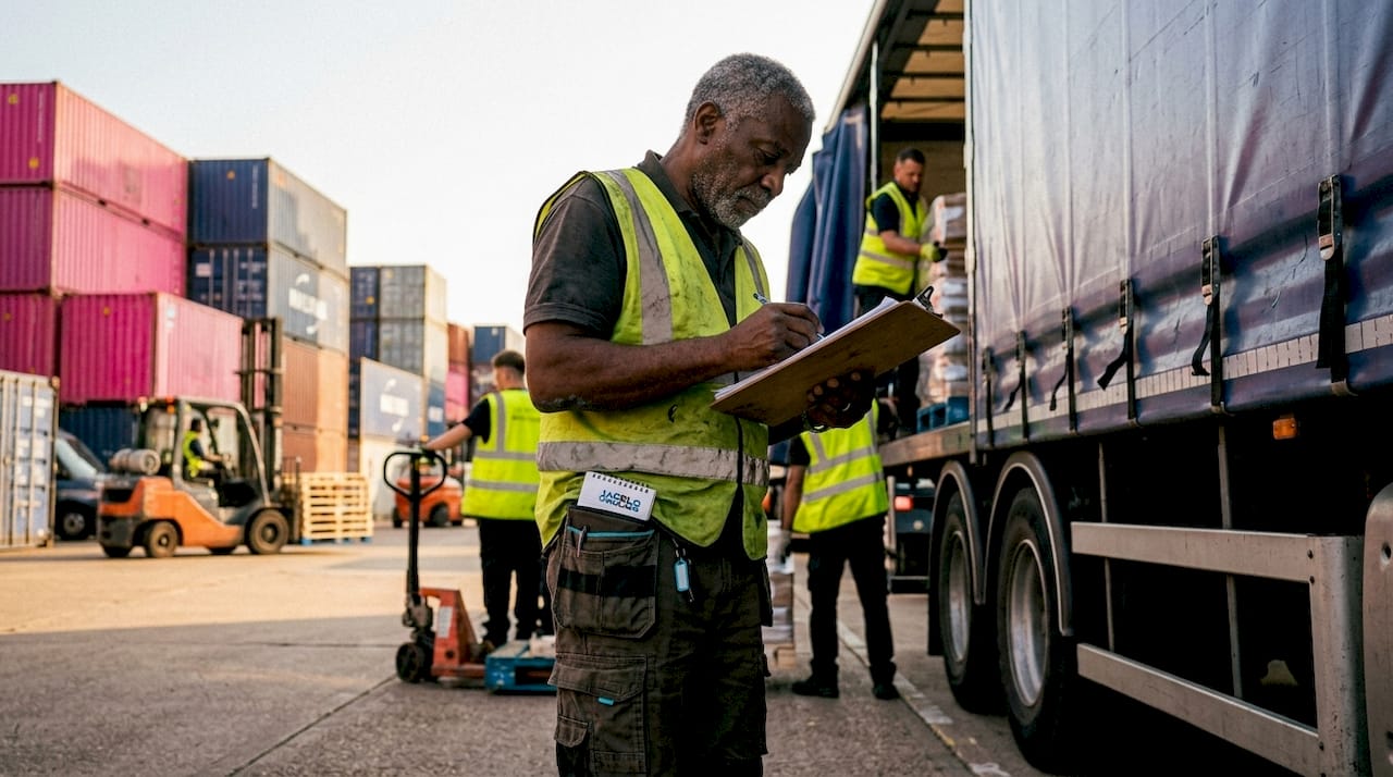 Haulier checking paperwork beside container truck at depot