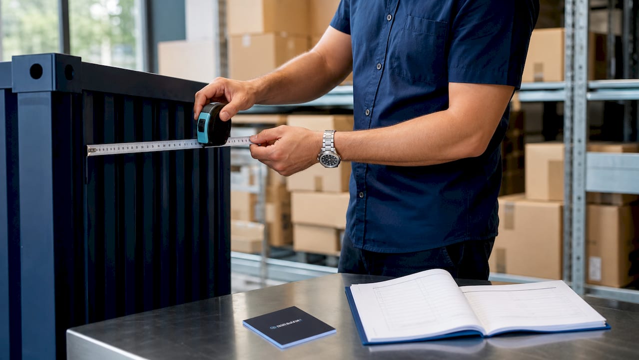 Hands measuring cargo box at freight warehouse