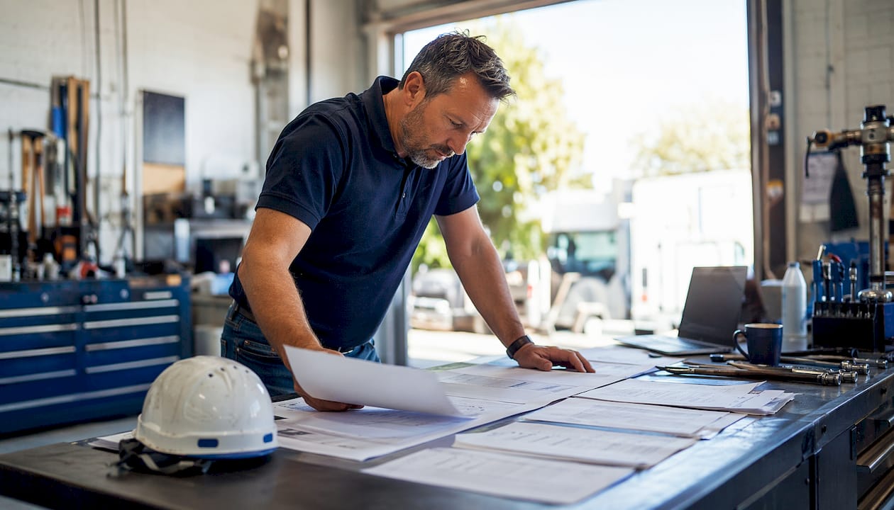 Fleet manager reviewing container haulage maintenance paperwork