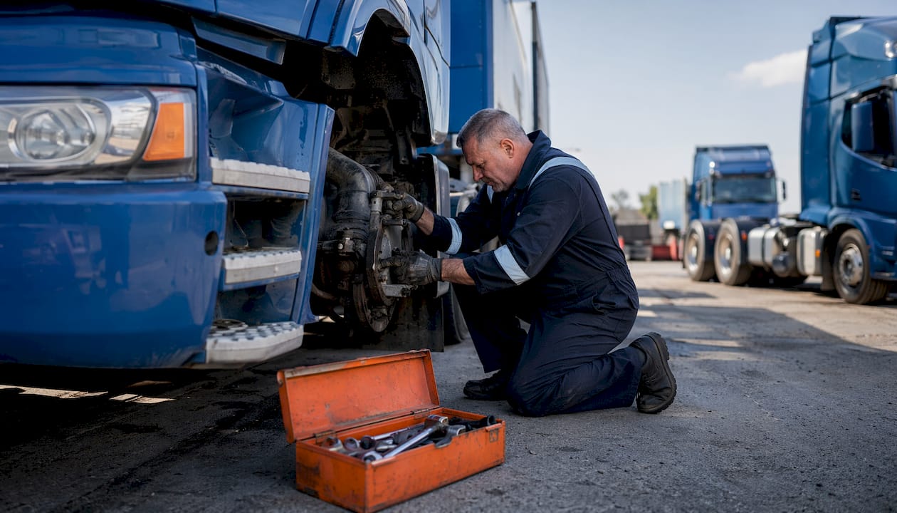 Technician inspecting Class 8 truck engine compartment