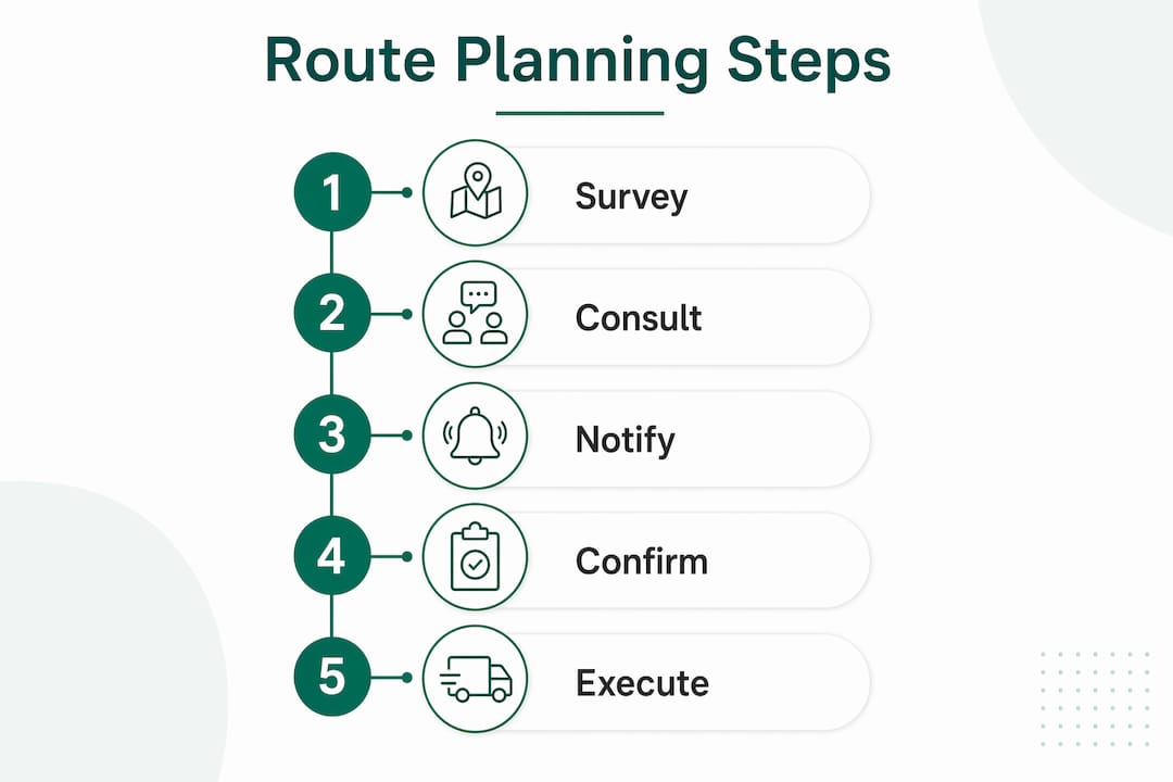 Infographic showing five step process for out of gauge haulage route planning