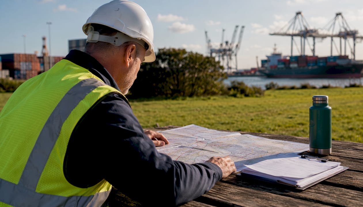 Logistics professional reviewing haulage route map outdoors