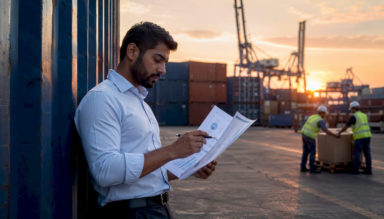 Logistics manager reviewing freight optimisation reports