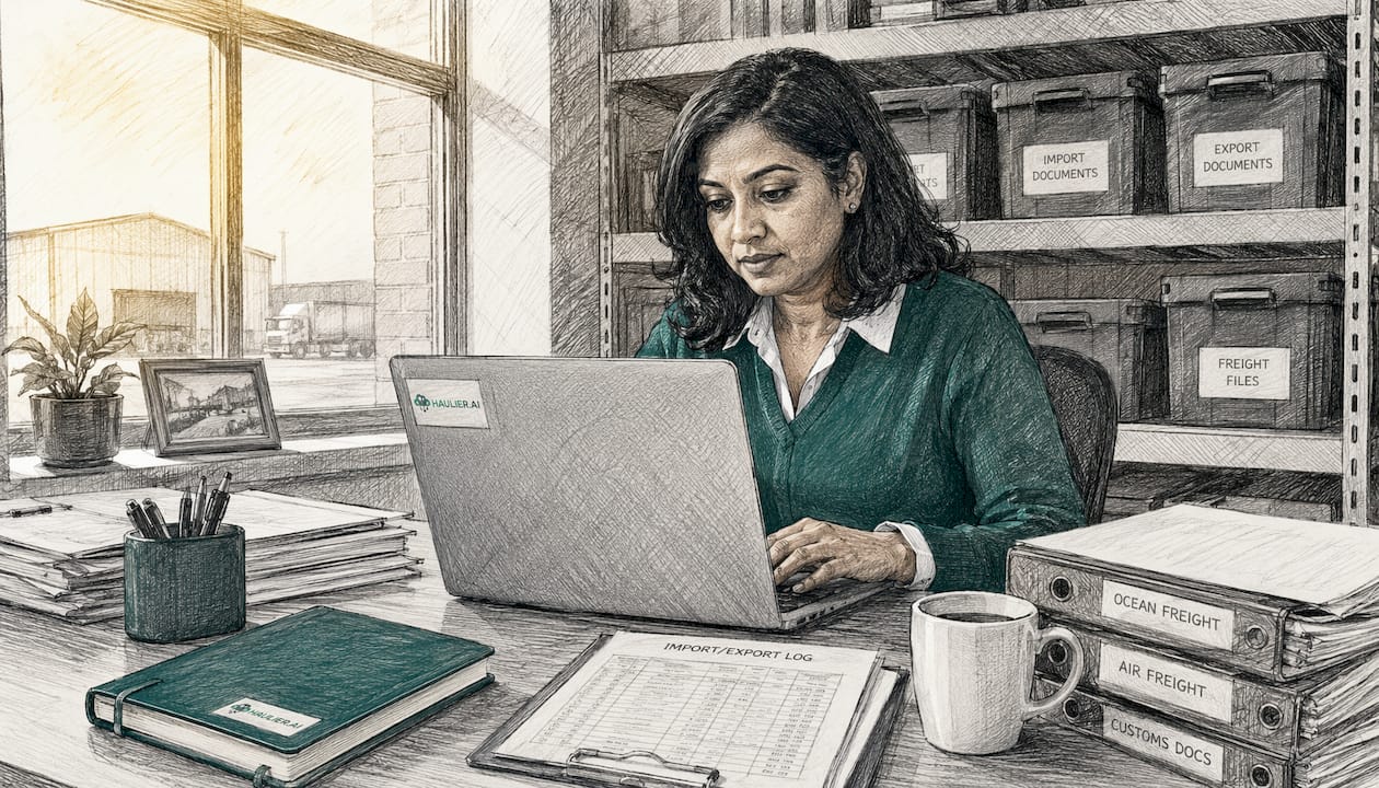 Logistics manager reviewing freight data tablet