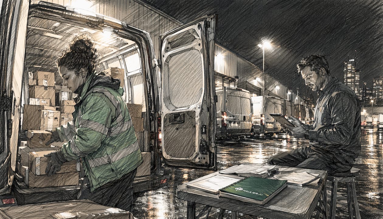 Delivery driver loading van at night in depot