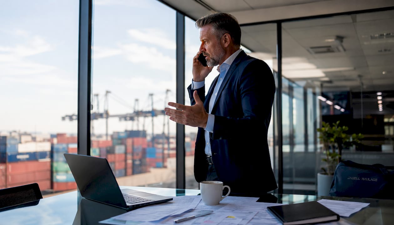 Logistics manager reviewing compliance penalties in control room