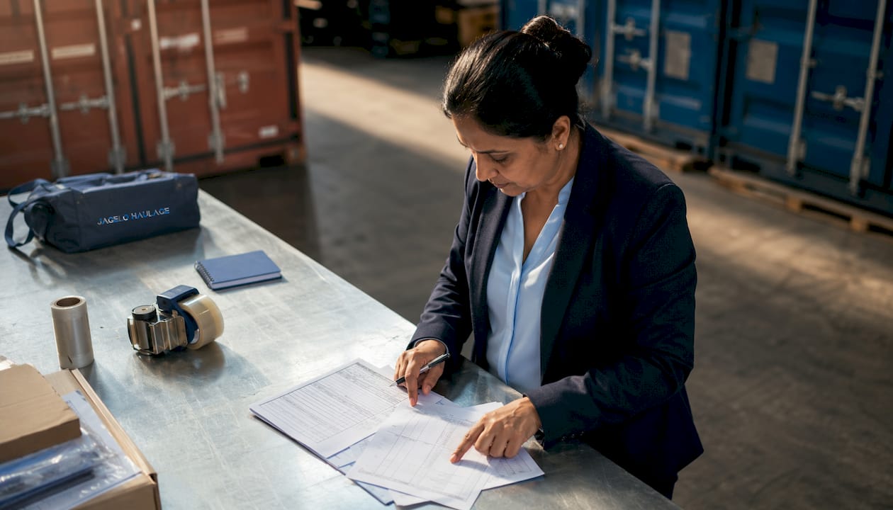Freight forwarder reviewing shipping documents in warehouse office