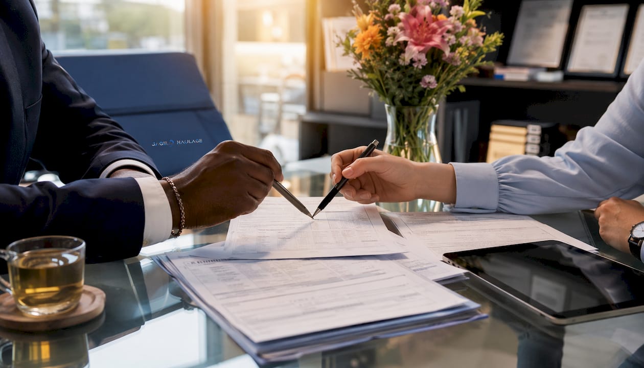 Overhead view of hands completing customs paperwork