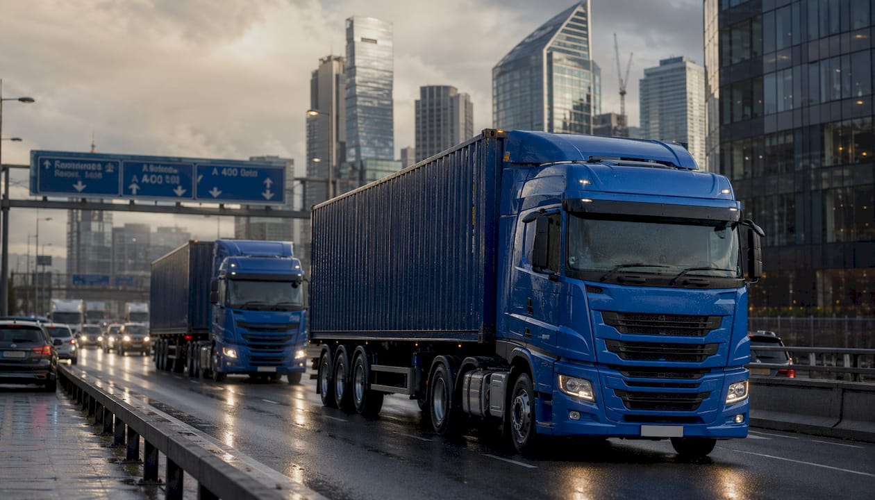 Convoy of container haulage trucks on UK highway