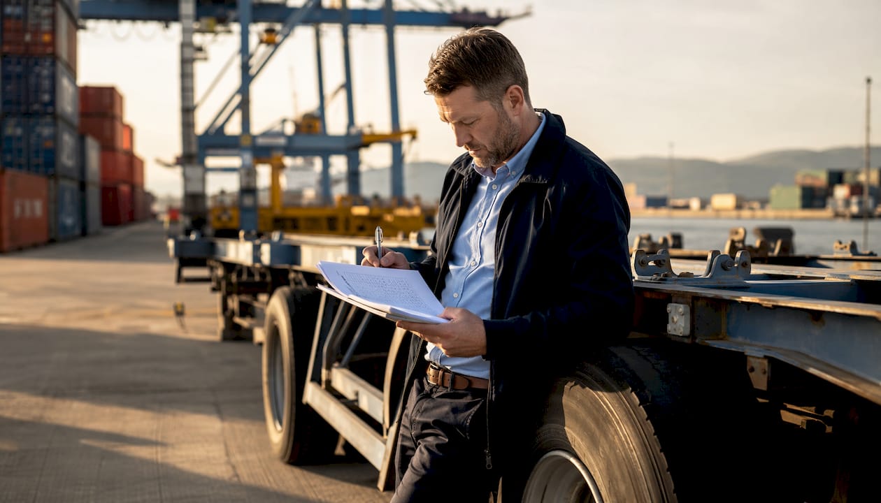 Logistics manager checking loading certificate by trailer