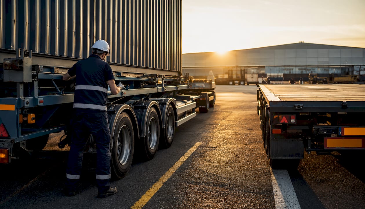Comparison of skeletal and flatbed trailers at truck yard