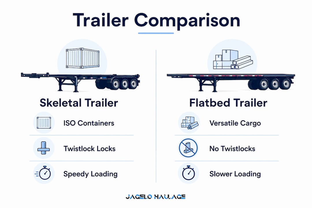 Infographic comparing skeletal trailer and flatbed trailer features