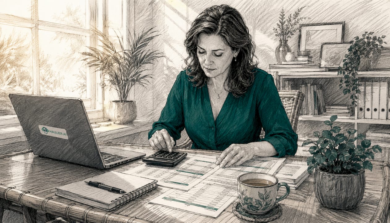 Side view of woman calculating haulage pricing at desk