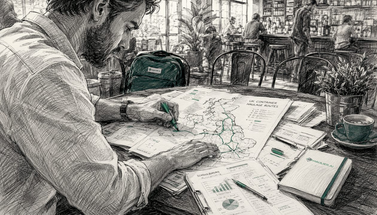 Overhead view of logistics manager reviewing UK haulage routes