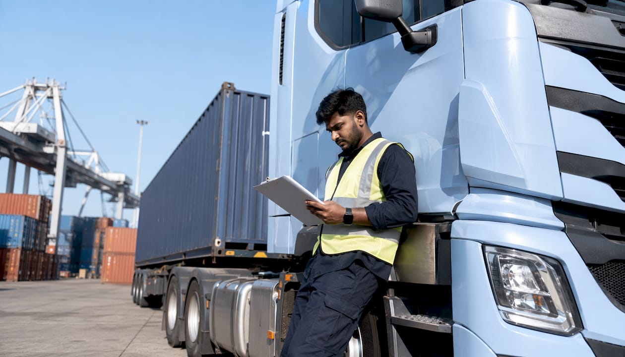 Container truck driver at UK shipping port