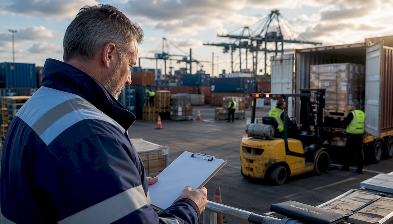 Logistics manager overseeing container cross-docking at UK warehouse