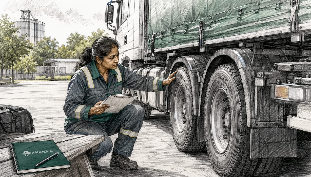 Manager inspecting rigid lorry's weight compliance
