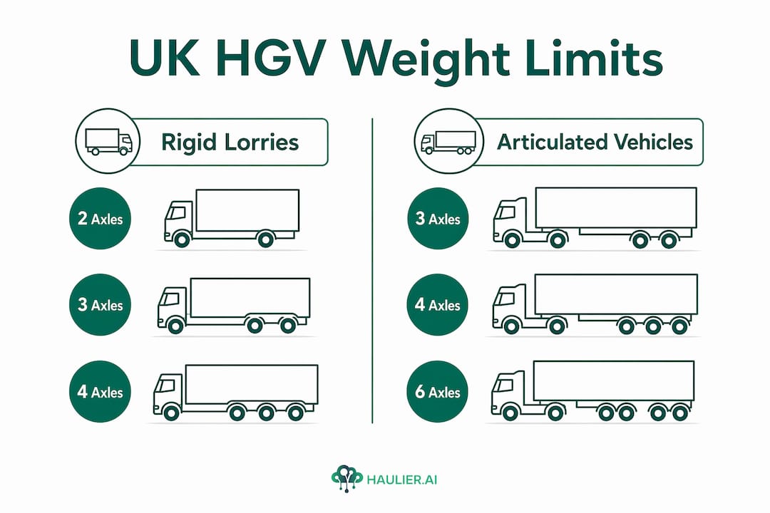 Infographic comparing UK HGV rigid and articulated weight limits