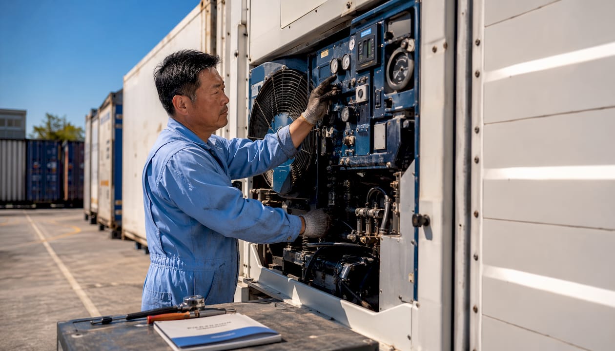 Technician working on reefer refrigeration unit