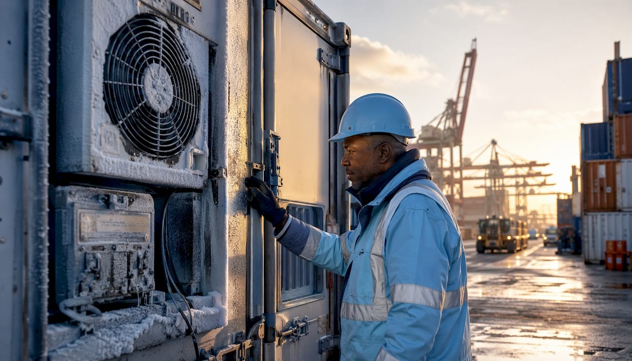Dock worker inspecting reefer container seal