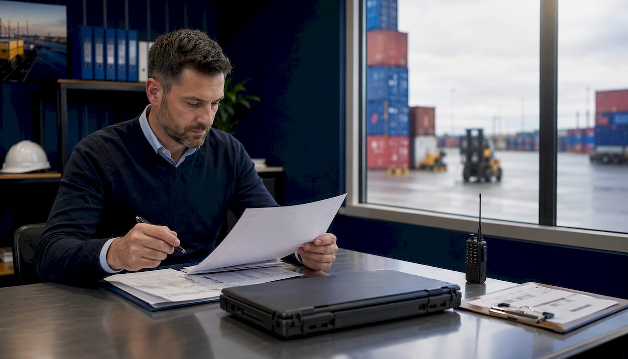 Logistics manager reviewing shipment paperwork