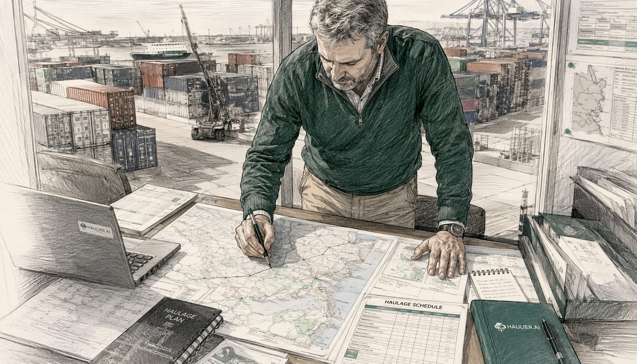Logistics manager reviewing UK port haulage plans at desk
