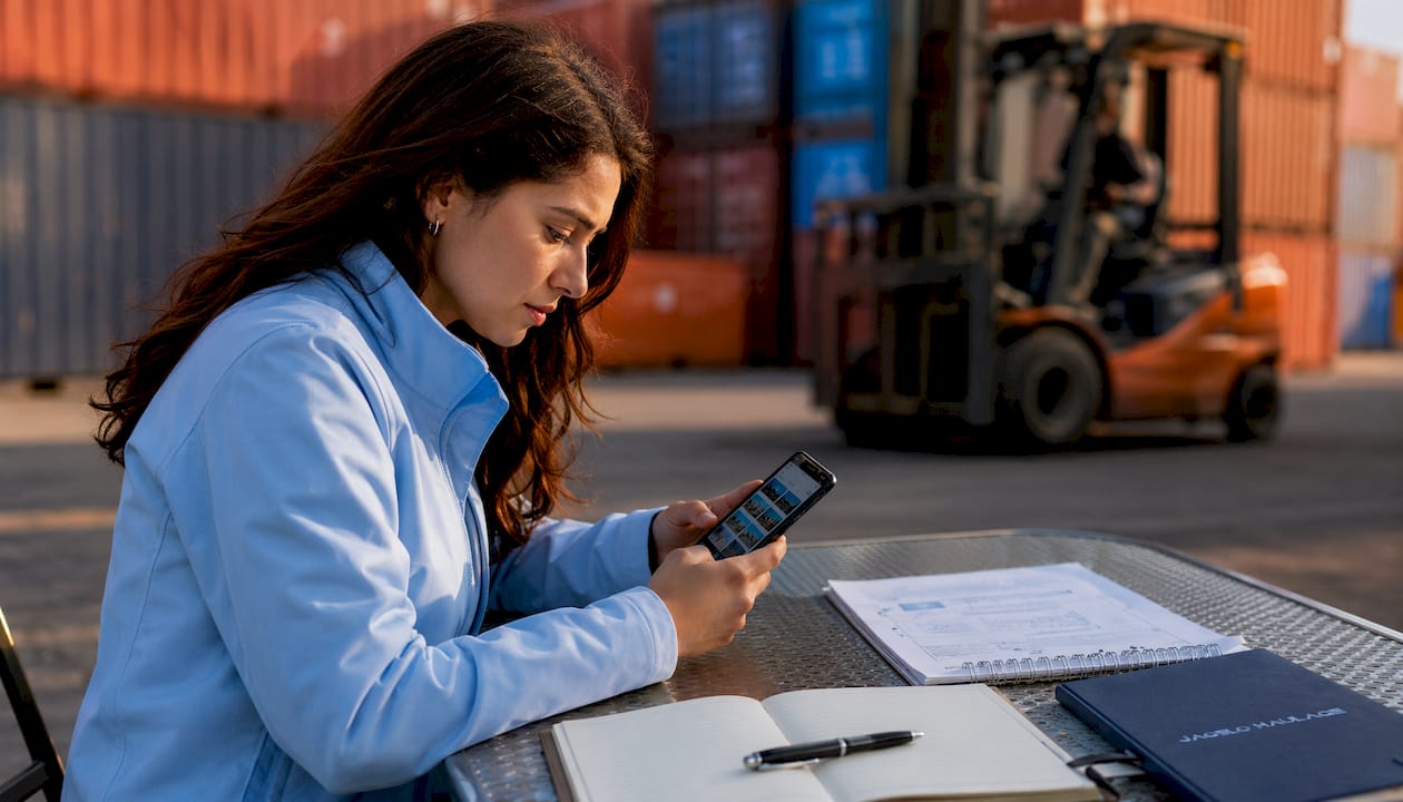 Hands holding smartphone with site photos
