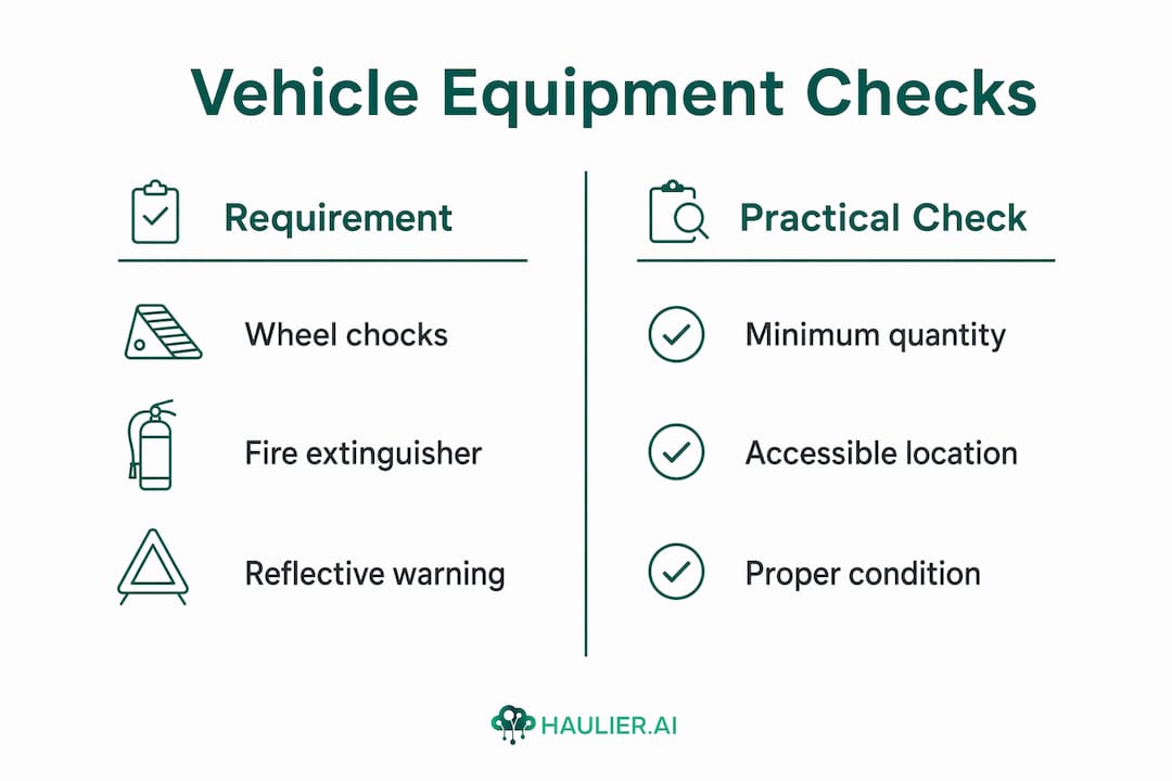 Infographic showing vehicle equipment check categories