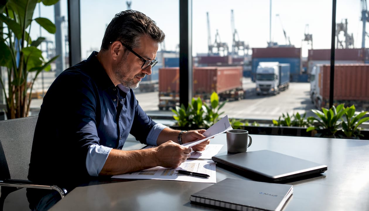 Coordinator reviewing UK port-to-door haulage documents