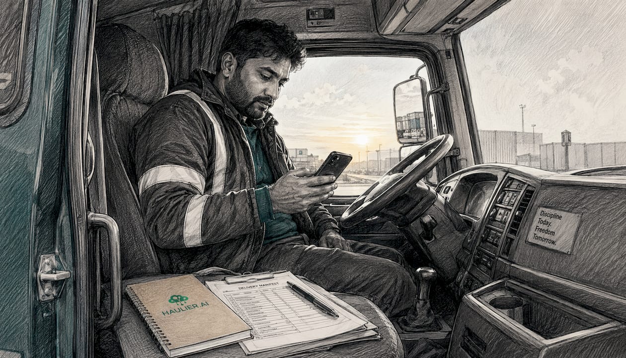 Driver using smartphone app inside truck cab