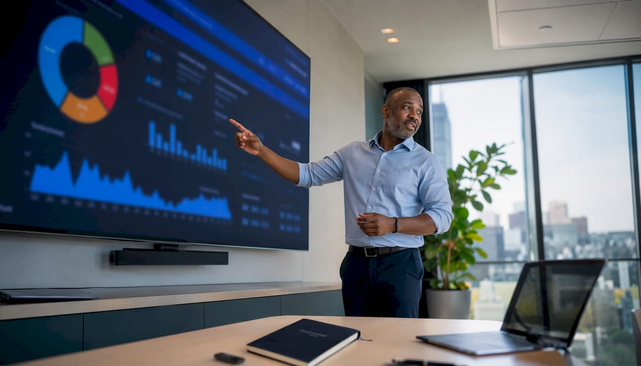 Logistics manager reviewing fleet operations dashboard