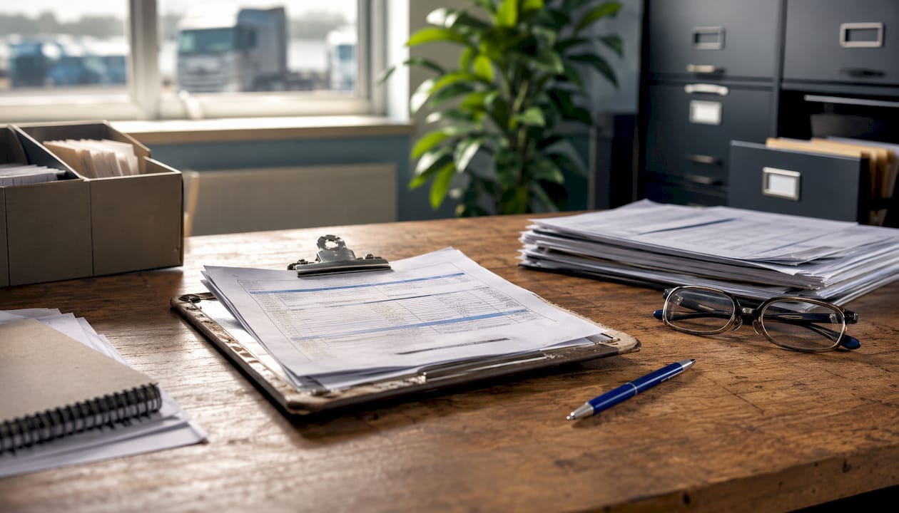 Clipboard with vehicle maintenance invoices on desk