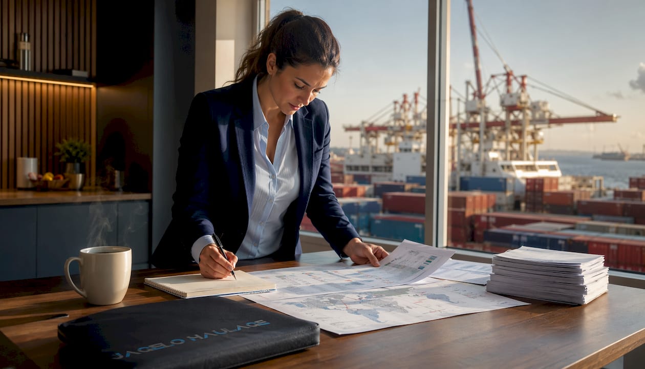 Freight forwarder monitoring ship schedules in office