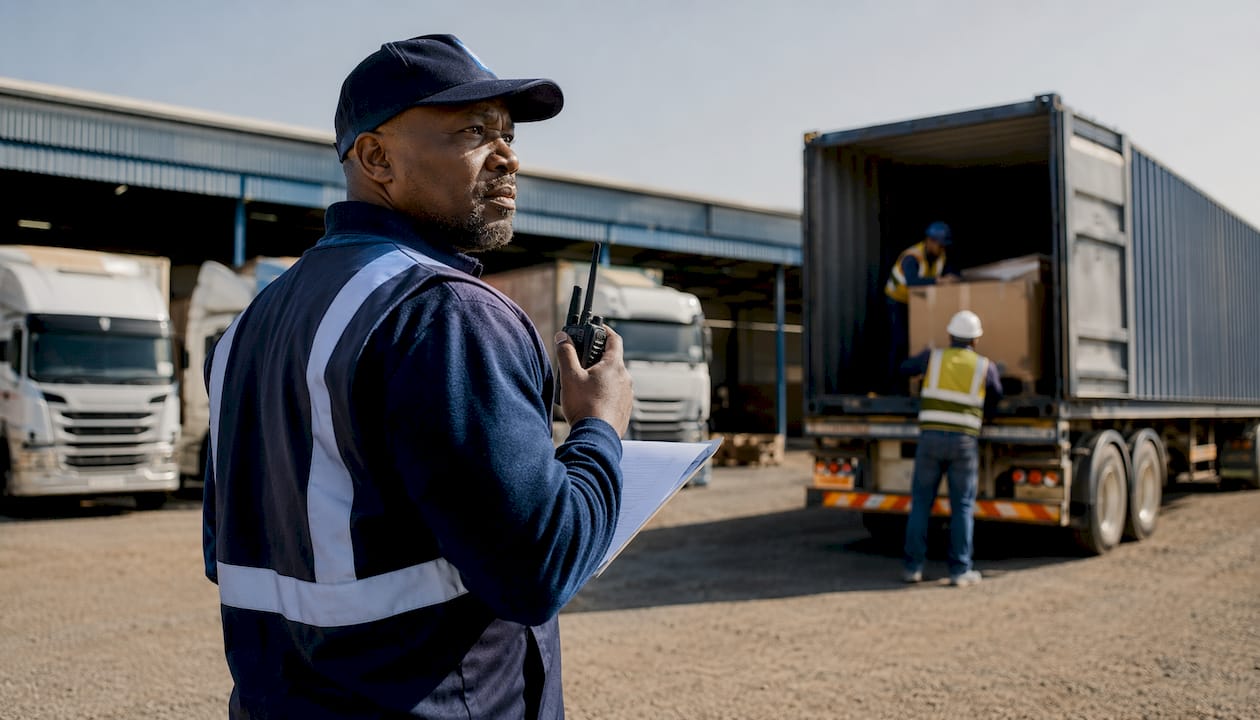 Haulage driver checking schedule in container yard