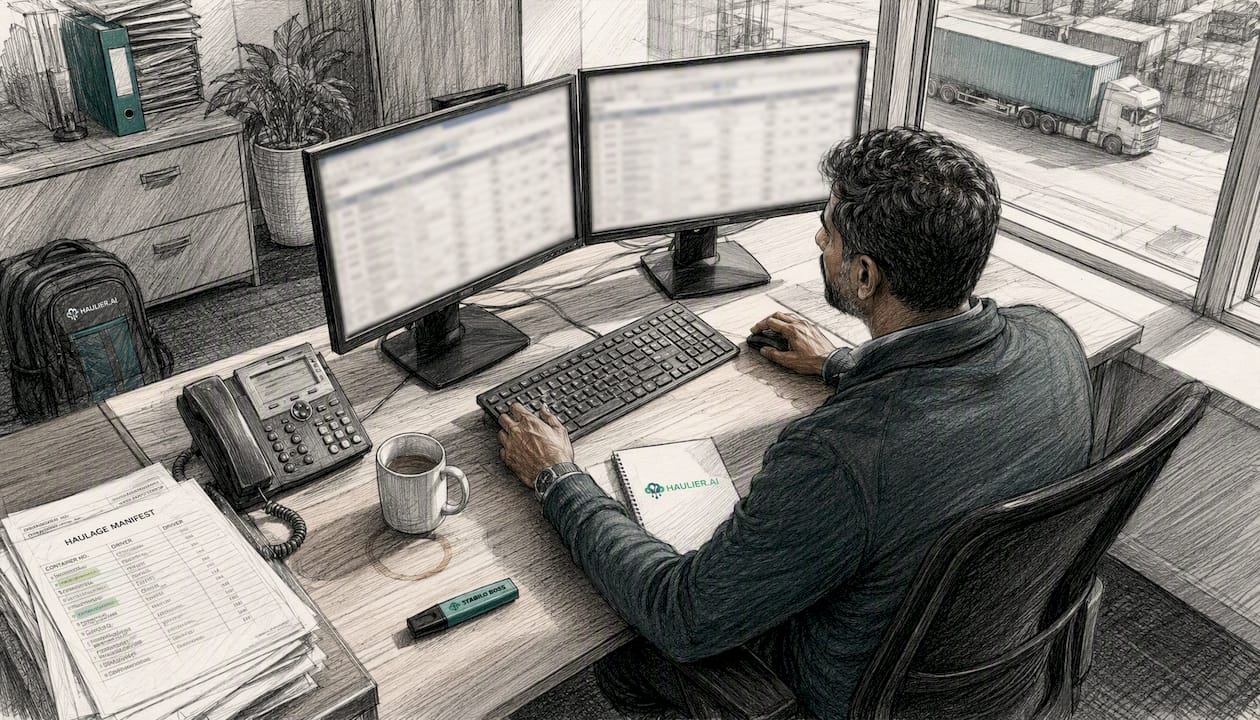 Logistics coordinator managing UK container haulage at desk